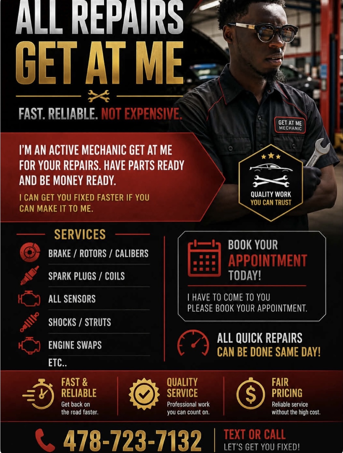 Get At Me Mechanic flyer — All Repairs, Fast Reliable Not Expensive, call 478-723-7132