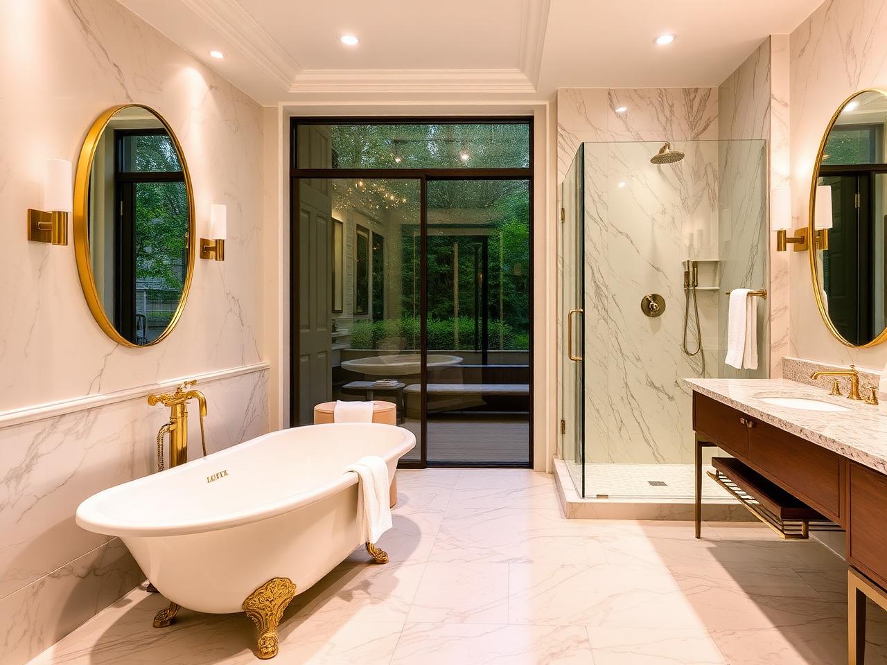 Luxury master bathroom remodel with marble tile